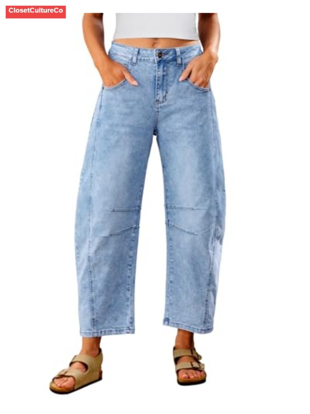 Barrel Jeans Womens High Waisted Cropped Stretch Denim Trousers